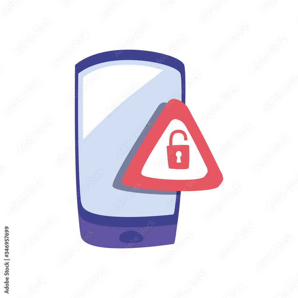 Poster smartphone and alarm triangle with padlock flat style icon vector design