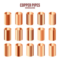 Copper pipes collection. Construction material. Polished metal texture. Glossy gradient. Vector illustration