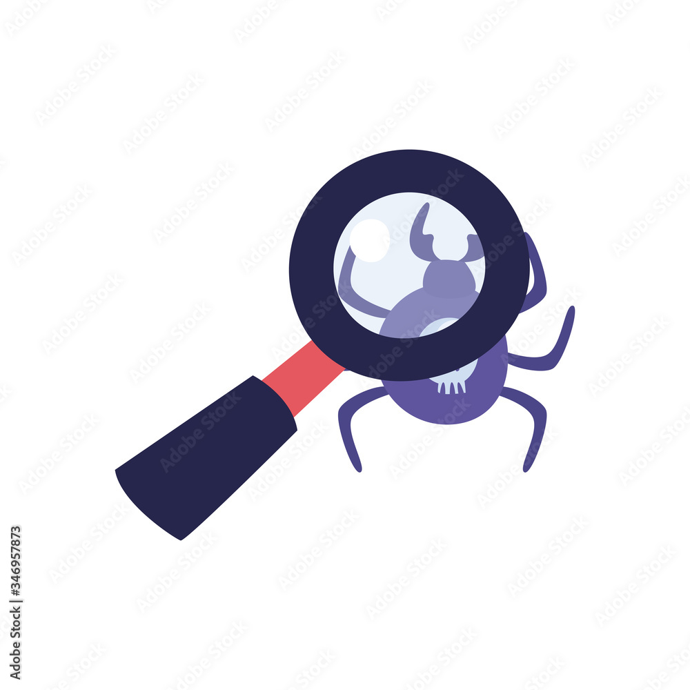 Poster spider with skull and lupe flat style icon vector design