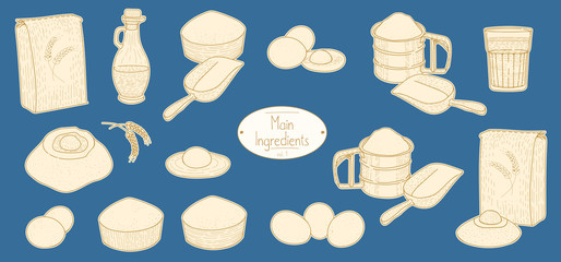 Main ingredients for italian food Pasta recipe, sketching illustration in retro style
