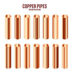 Copper pipes collection. Construction material. Polished metal texture. Glossy gradient. Vector illustration