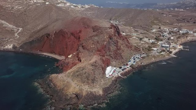 Flight over of Red Beach on Santorini Island, Greece