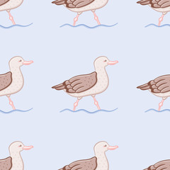 Walking seagull pattern design. Seamless waterbird vector illustration.