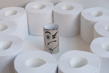 The empty sleeve of toilet paper. The sleeve is surrounded by toilet paper rolls. A grimace of anger and horror is drawn. The concept of shame and exposure.