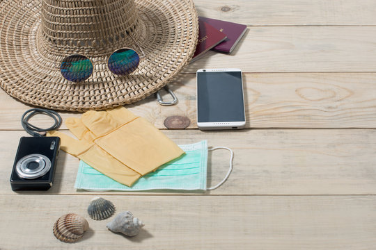 Travel background with protective equipment, breathing mask and gloves