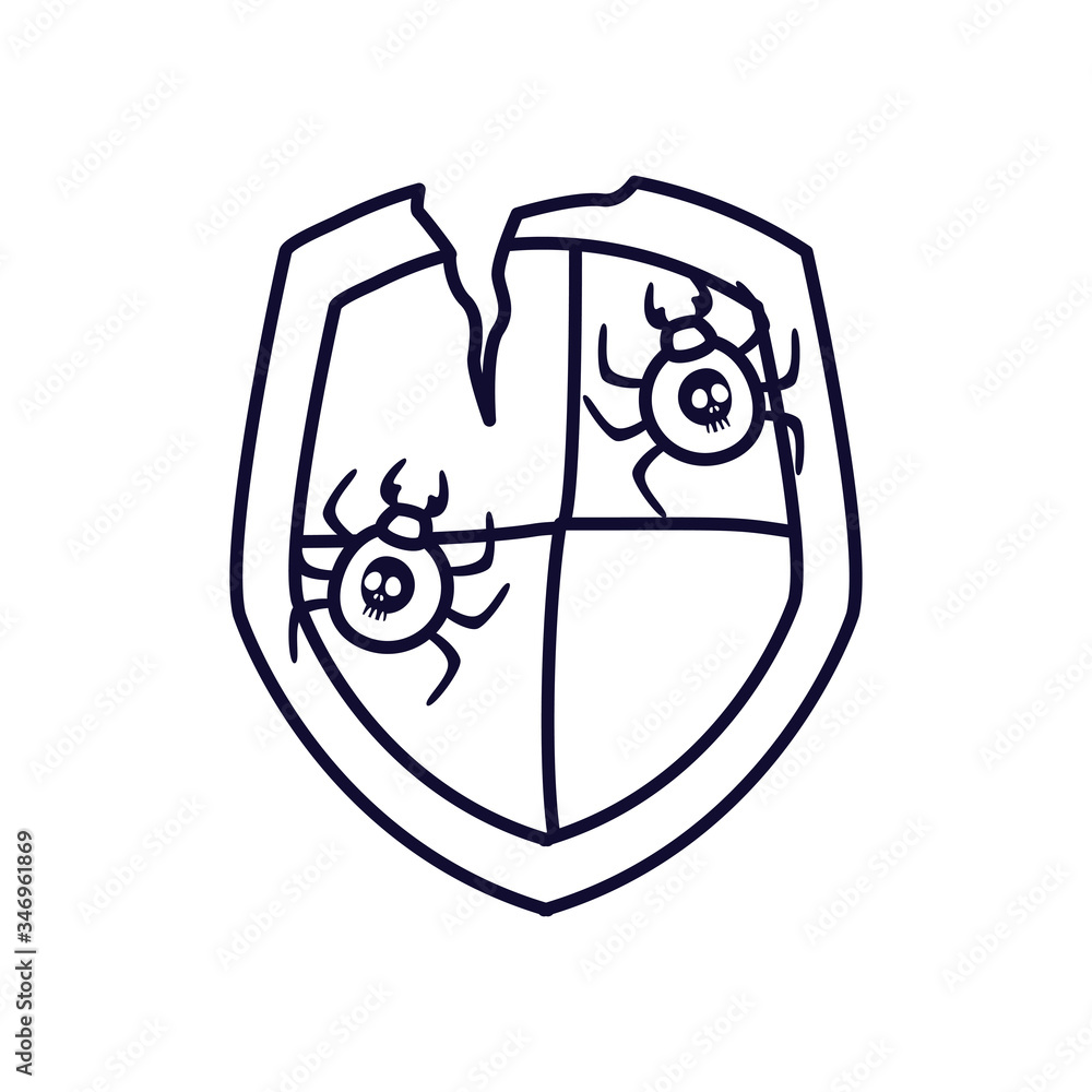 Poster spiders with skulls inside shield line style icon vector design