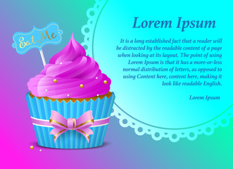 Sweet cupcake with pink icing and a tag with the words Eat me. Flyer template with place for text. Copy space. banner, card 