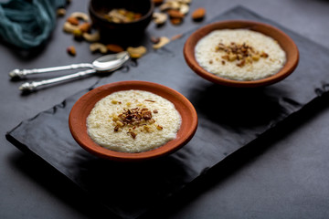 Phirni, a traditional and delicious indian style milk and rice based creamy dessert, served in clay pot