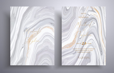 Vector wedding invitation with marble pattern. Golden, black and white overflowing colors. Beautiful cards that can be used for design cover, invitation, greeting cards, brochure and etc