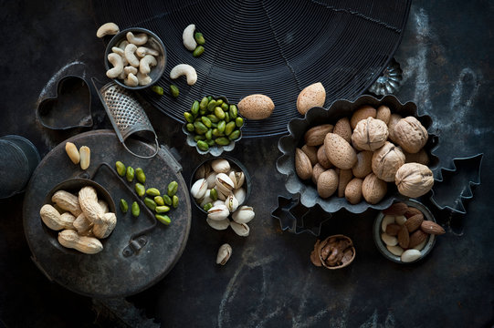 Tray and bowls of various nuts
