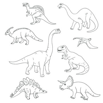 Coloring book with dinosaurs. Vector illustration. Sketch hand drawn. Graphics. Black and white