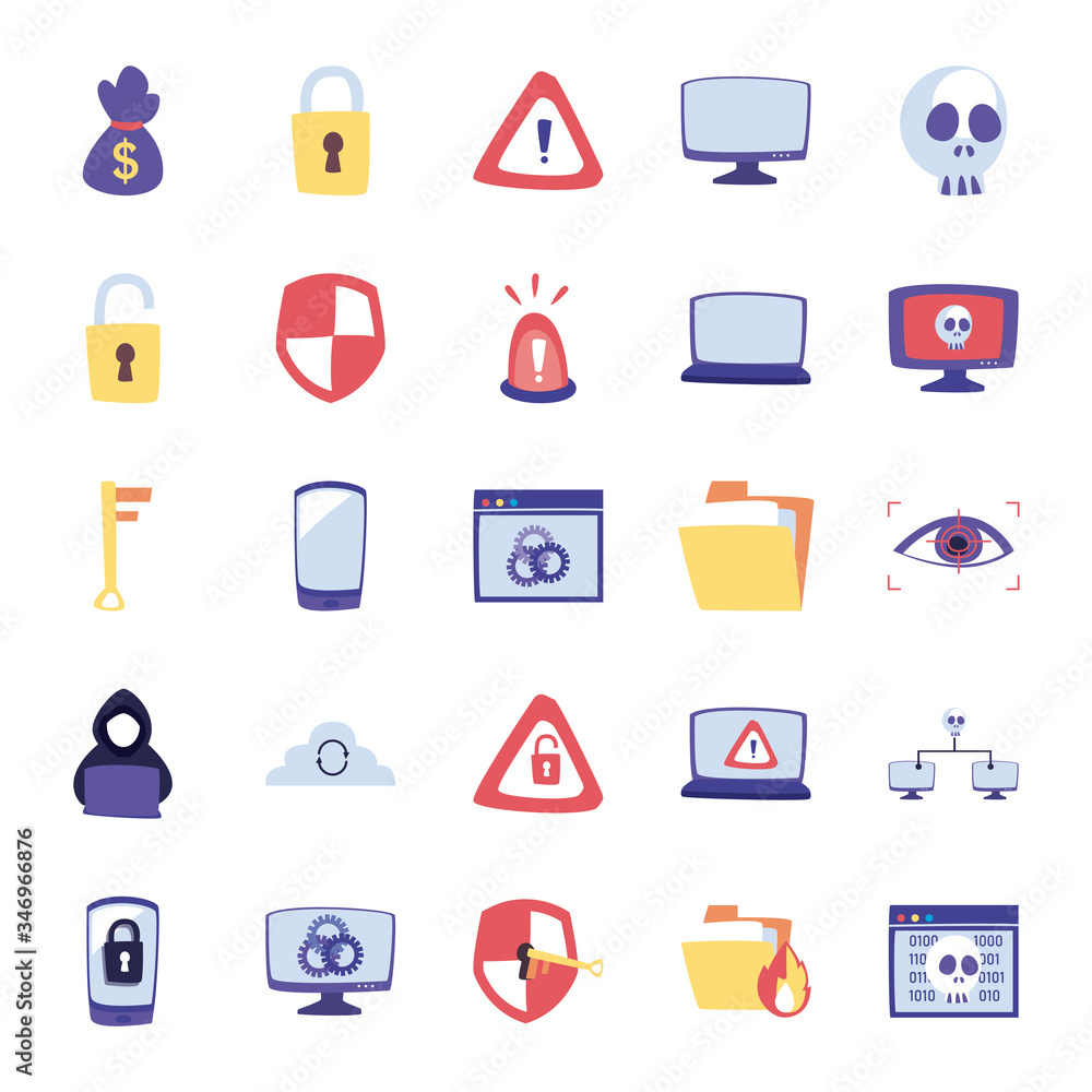Poster hack information flat style icon set vector design