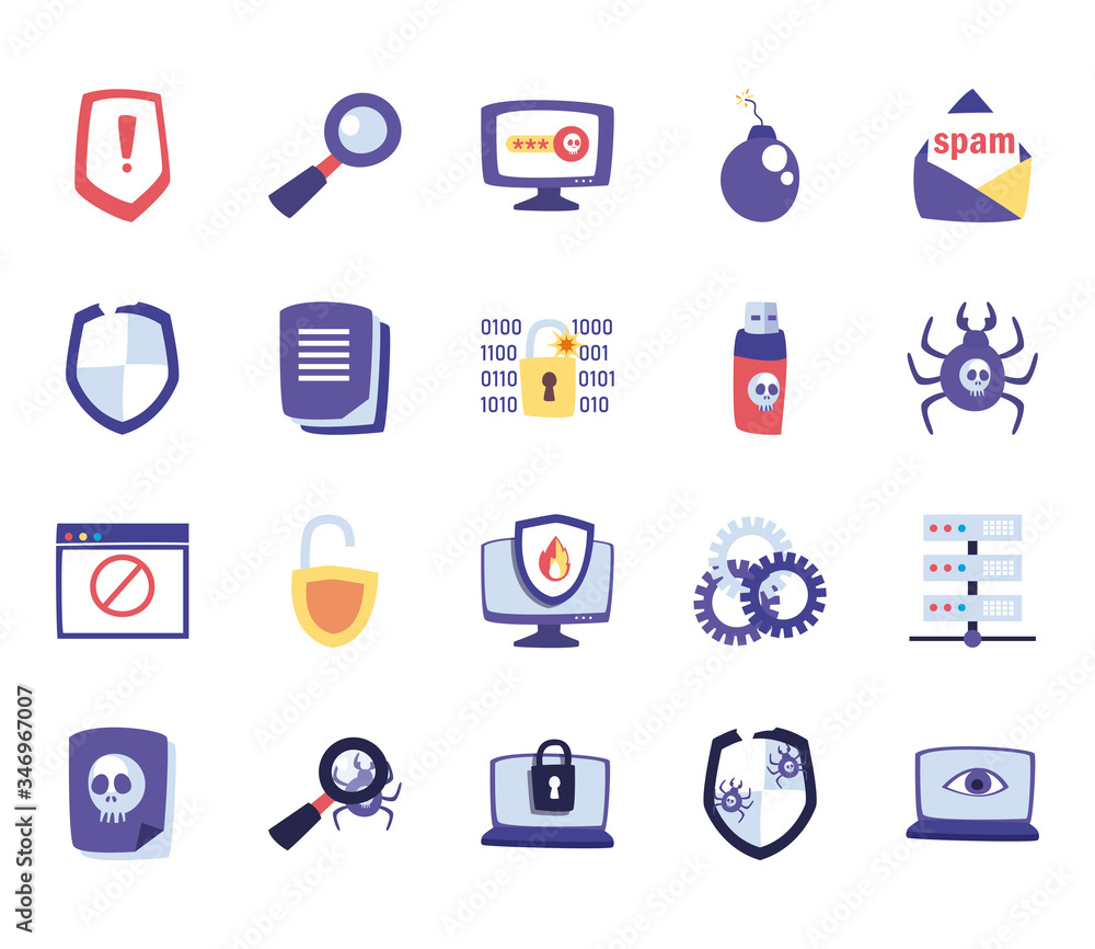 Poster hack information flat style icon set vector design