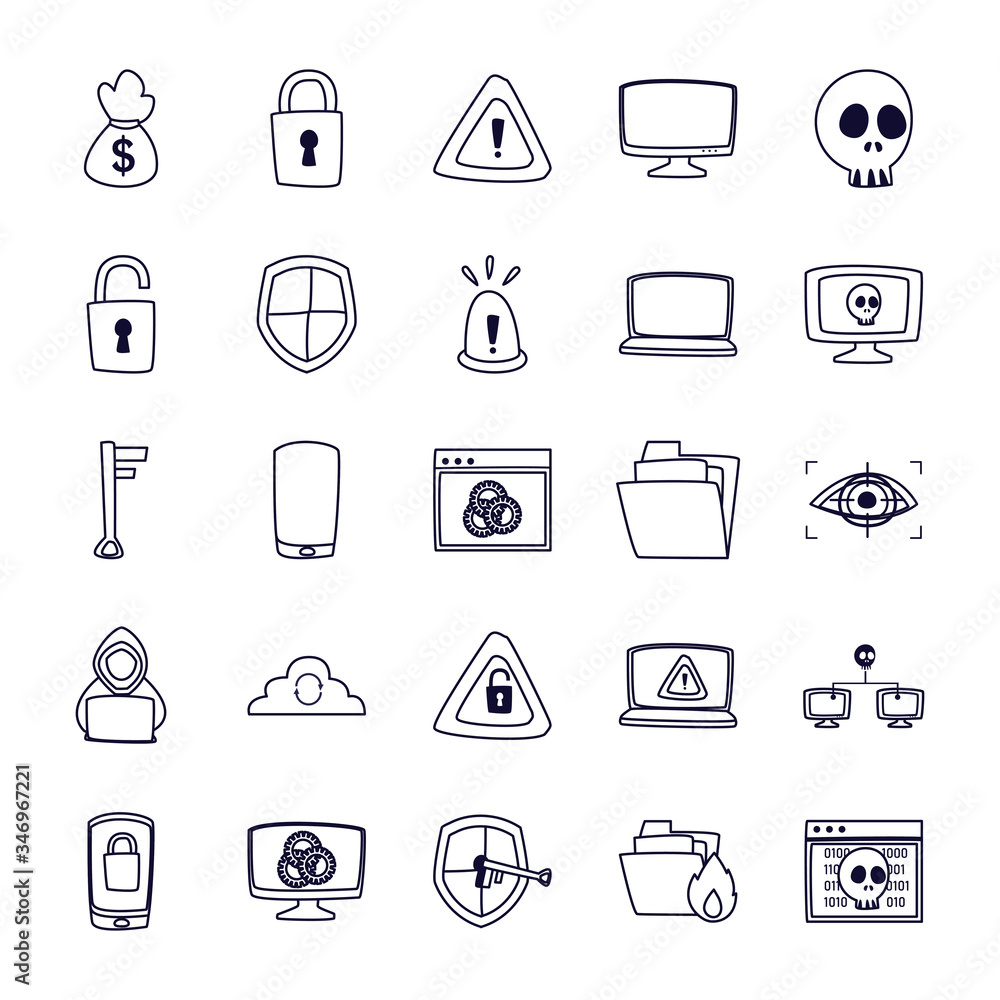 Poster hack information line style icon set vector design