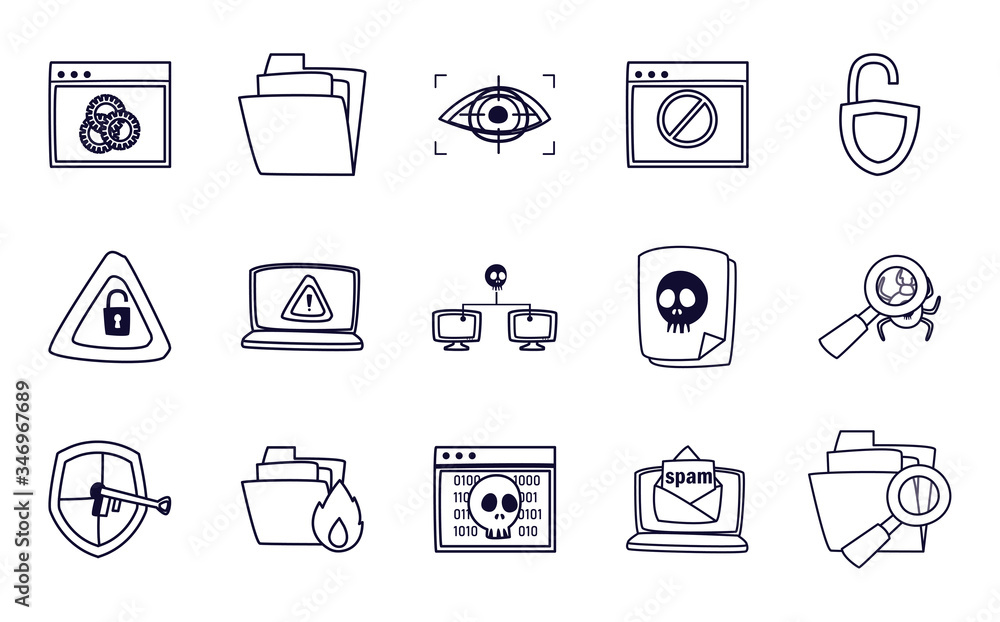Poster hack information line style icon set vector design
