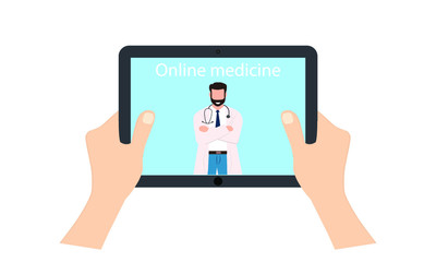 Online medical consultation with doctor on digital screen and patient using tablet pc to communicate through app or website, vector illustration eps 10