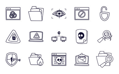 Hack information line style icon set vector design