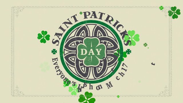 st patricks day vacation publicity concept with text everyones irish on march 17 written around celtic shield knot with a clover in the center