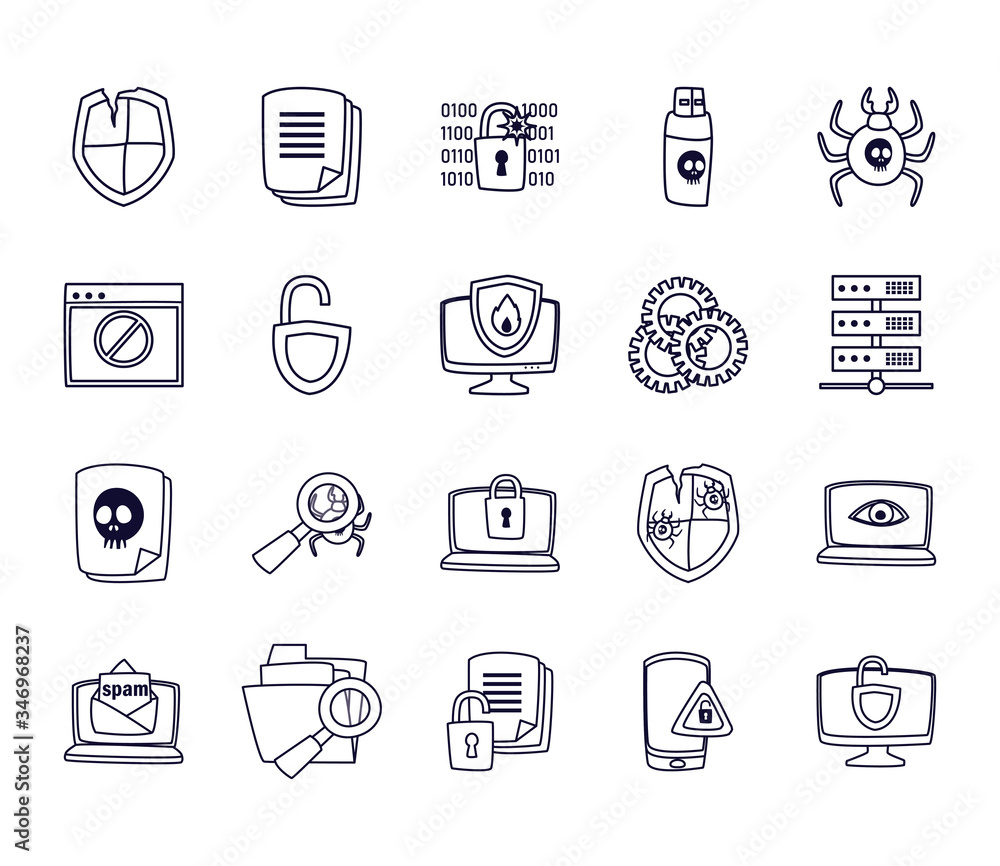 Poster hack information line style icon set vector design