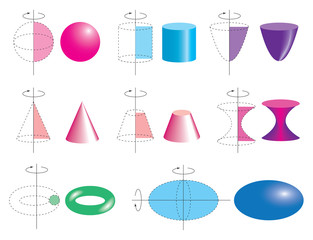 Set of volumetric geometrical colored shapes. Volumetric geometric shapes of rotation