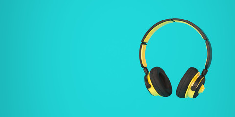 Wireless black and yellow headphones on blue background.Music concept.3d rendering