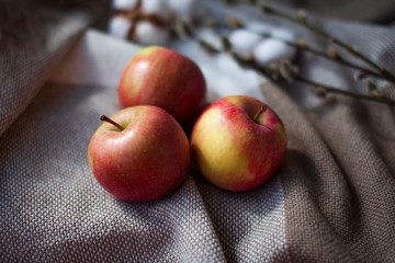 apples and linen on a plaid