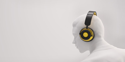 White model man with black and yellow headphones on white background.Music concept.3d rendering