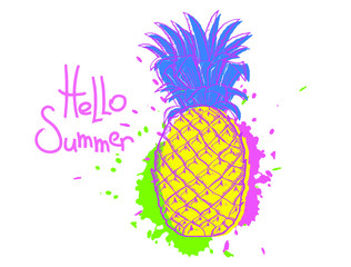 Hello Summer. Retro color Pineapple illustration isolated on white