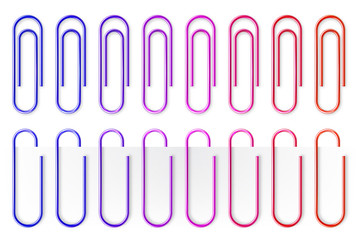 Realistic colorful metal paper clips isolated on white background. Page holder, binder. Vector illustration.