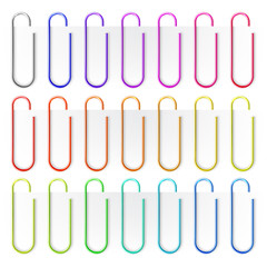 Realistic colorful metal paper clips isolated on white background. Page holder, binder. Vector illustration.