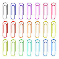 Realistic colorful metal paper clips isolated on white background. Page holder, binder. Vector illustration.