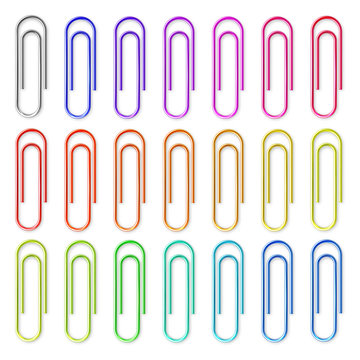 Realistic Colorful Metal Paper Clips Isolated On White Background. Page Holder, Binder. Vector Illustration.