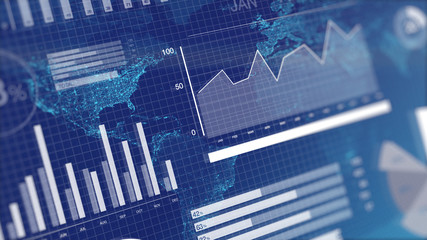 3D rendering illustration of graphs and charts over globe map background. Blue corporate abstract