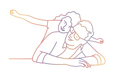 Father with daughter. Rainbow colors in linear vector illustration.