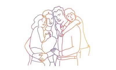 Happy family, mother, father, son, daughter. Rainbow colors in linear vector illustration.