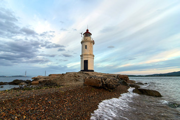 Fototapeta na wymiar Lighthouse Egersheld, Vladivostok, Russia. View of the lighthouse at night.