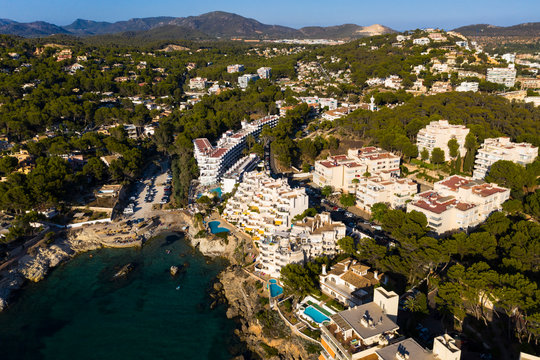 Spain, Balearic Islands, Costa de la Calma, Aerial view of coastal town in summer