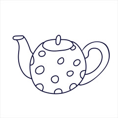 Teapot decorated with polka dots in doodle style. Hand drawn vector illustration in black ink isolated on white background. 