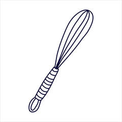 Kitchen whisk or beater in doodle style. Hand drawn vector illustration in black ink isolated on white background. 