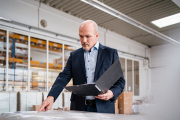 Businessman holding a folder in a factory