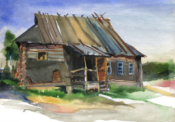 Old rickety wooden house on a sunny day. Late summer. Watercolor landscape