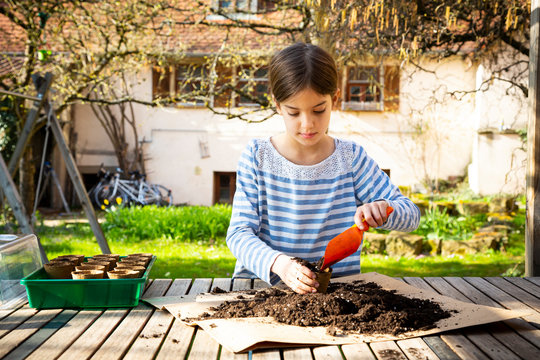 Girl filling nursery pots with soil and seeds