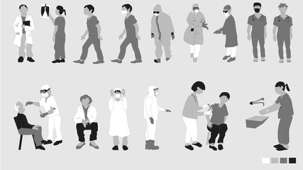 Medical Personell in Different Situations.  Illustrator vectors, easy to change colors.