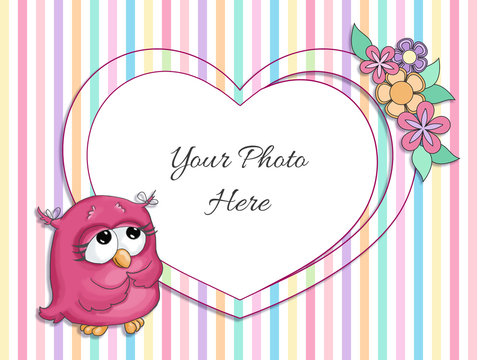 Children photo frame with cute lovely pink owl, stripes and flowers heart shape for girl