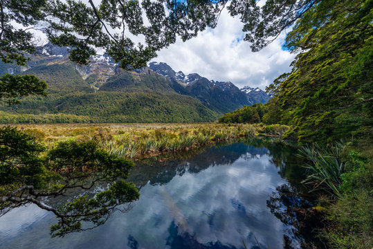 New Zealand,?Southland,?Te Anau, Scenic view Earl Mountains and shore of Mirror Lakes