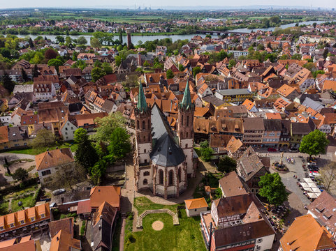 Beautiful top view of the German city of Ladenburg. Orange, tiled roofs. Catholic church. Market Square.