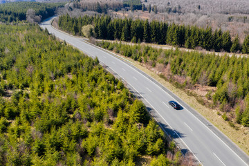 a street car from above in an spring forest