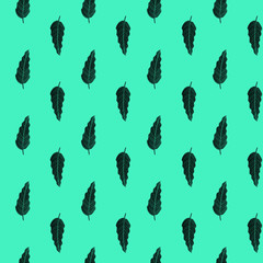 Philodendron leaf seamless pattern. Black line art doodle sketch on mint background. Vector illustration for greeting cards, posters, flyers, banners, wallpaper, wrapping paper, botanical design etc