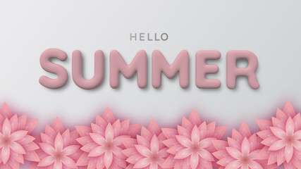 Background of pink paper flower and 3d white summer inscription. Hello summertime. Realistic 3d illustration. The poster for sale and an advertizing sign. Vector illustration