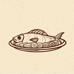 Fish with vegetables on a dish.. Vector illustration for menus and recipes. Sketch.